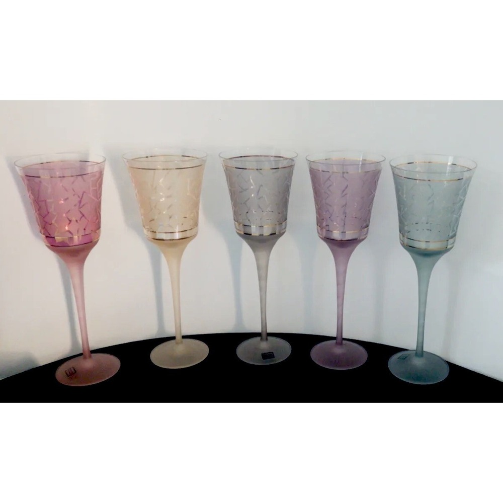 Vintage Handmade Satin Geometric Gold Ring Wine Glasses from Romania Set Of 5